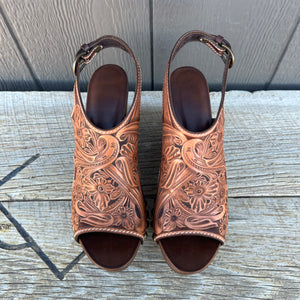 Ready to Ship - Tooled Wedge - 41 (US 9/9.5) - Brown/Natural Oil with Brown Base