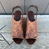 Ready to Ship - Tooled Wedge - 41 (US 9/9.5) - Brown/Natural Oil with Brown Base