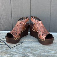 Ready to Ship - Tooled Wedge - 41 (US 9/9.5) - Brown/Natural Oil with Brown Base