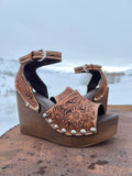 Ready to Ship - Tooled Two Strap Wedge - 40 (US 8.5/9) - Natural Oil with Brown Base