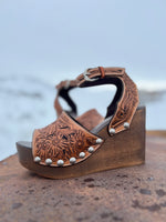 Ready to Ship - Tooled Two Strap Wedge - 40 (US 8.5/9) - Natural Oil with Brown Base